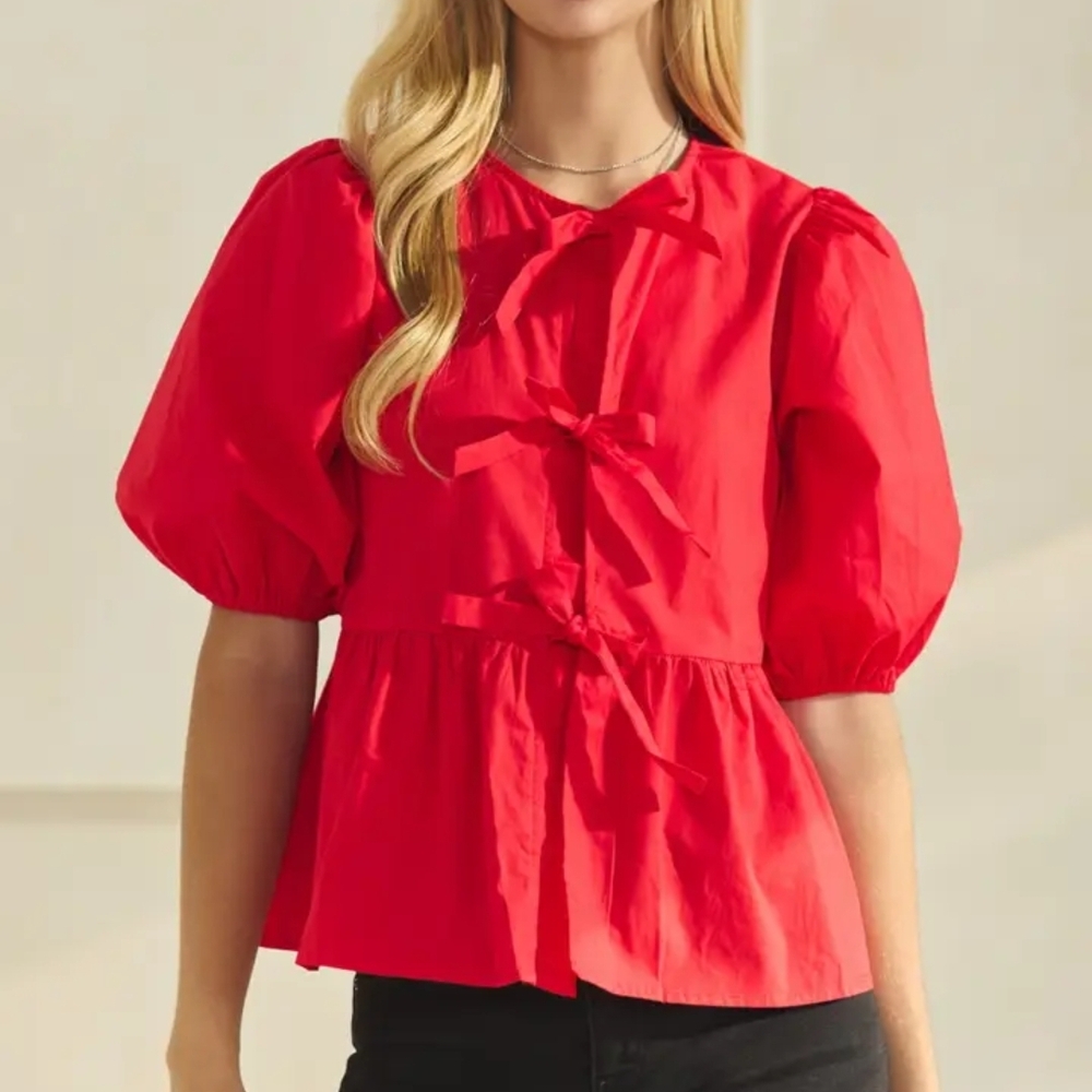 ODDI  Red Front Tie Puff Sleeve Blouse